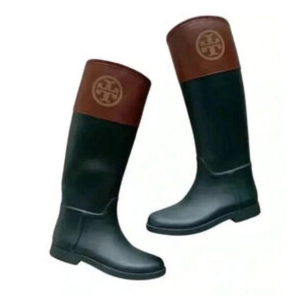 Tory Burch Women's Equestrian Riding Rain‎ Boots Size 8 – Black & Brown Logo - Picture 1 of 5